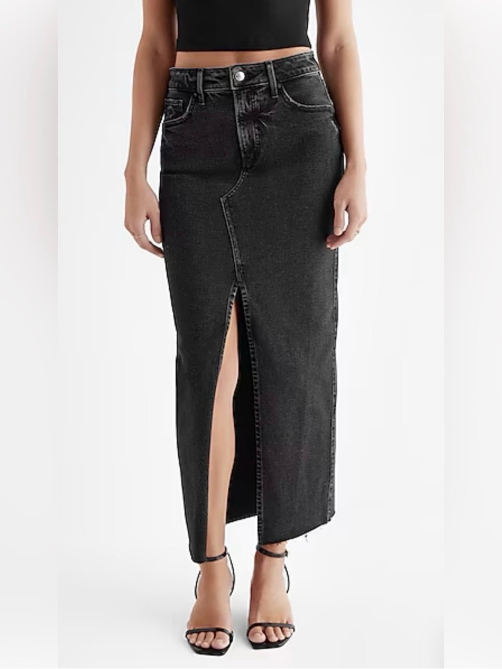 Express Size 8 High-Waisted
Denim Maxi Skirt with Front Slit in Black